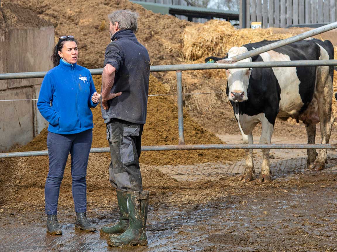 Karen Halton and an employee in discussion on her dairy farm. Picture: Ruth Downing.